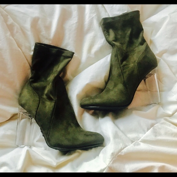 Shoes - Olive Green Clear 'Lucite' Heel Booties